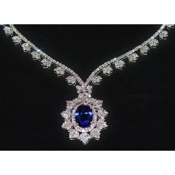 GIA Certified Natural 26.9CTS VS F Diamond Tanzanite 18K Solid Gold Necklace - Picture 7 of 12